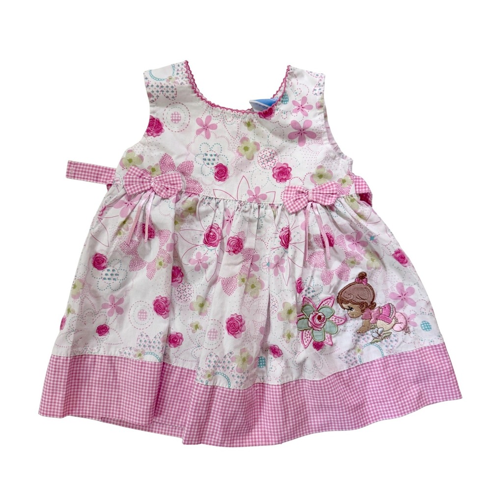 90's Y2K Precious Moments Dress 12M Pink Floral Gingham Embroidery Vintage